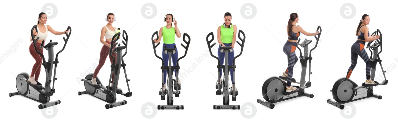 Image of Woman using modern elliptical machine on white background, collage. Banner design