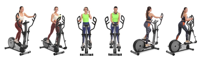 Image of Woman using modern elliptical machine on white background, collage. Banner design