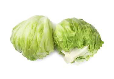 Photo of Fresh green iceberg lettuces isolated on white, top view