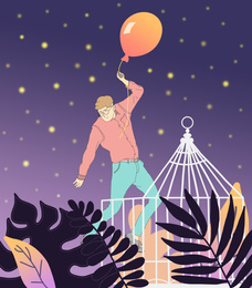 Illustration of Beautiful illustration demonstrating sense of freedom. Man with balloon leaving cage