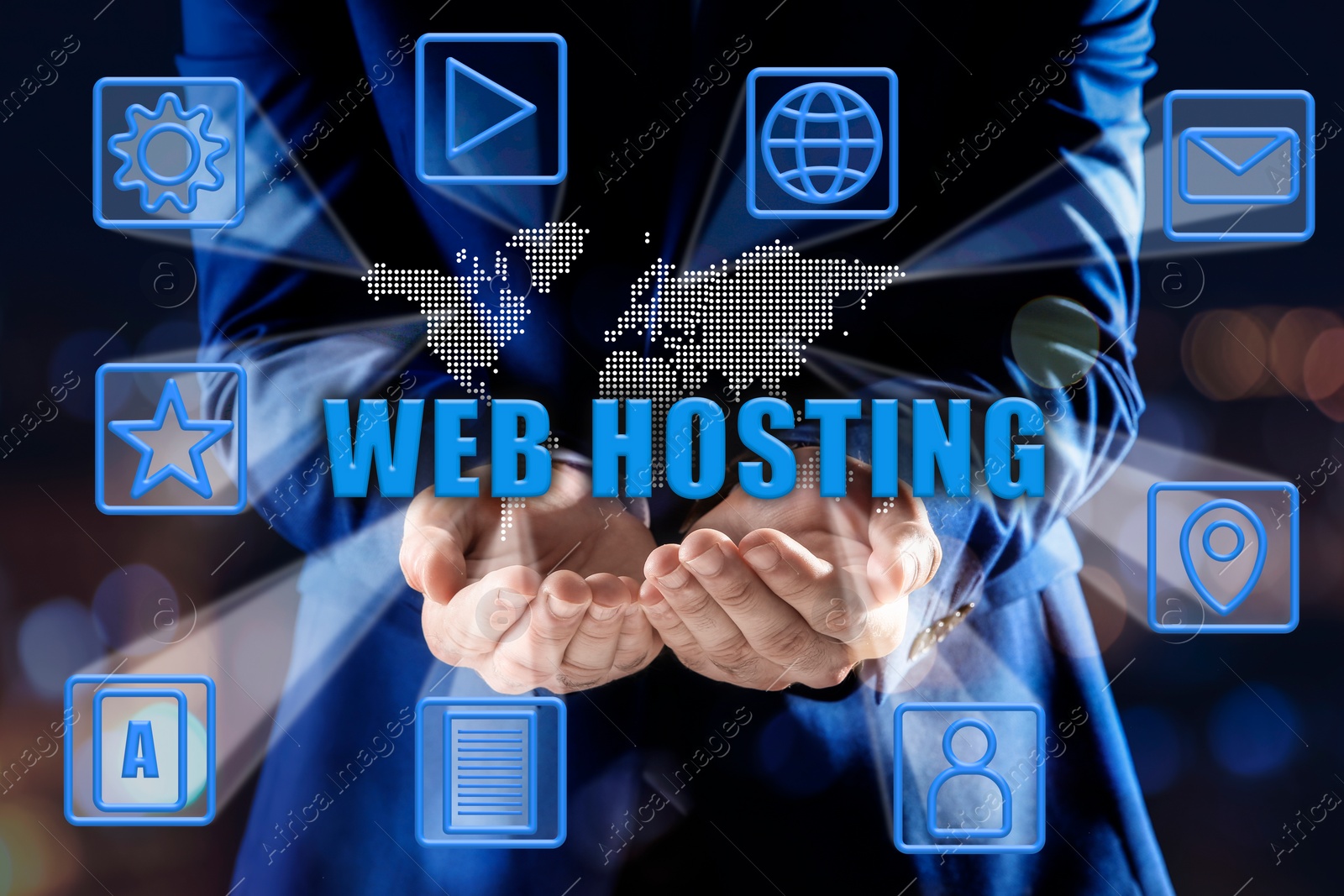 Image of Web hosting. Man surrounded by icons holding digital world map, closeup