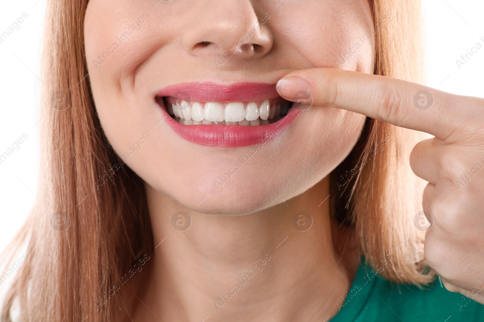 Photo of Smiling woman with perfect teeth on white background, closeup