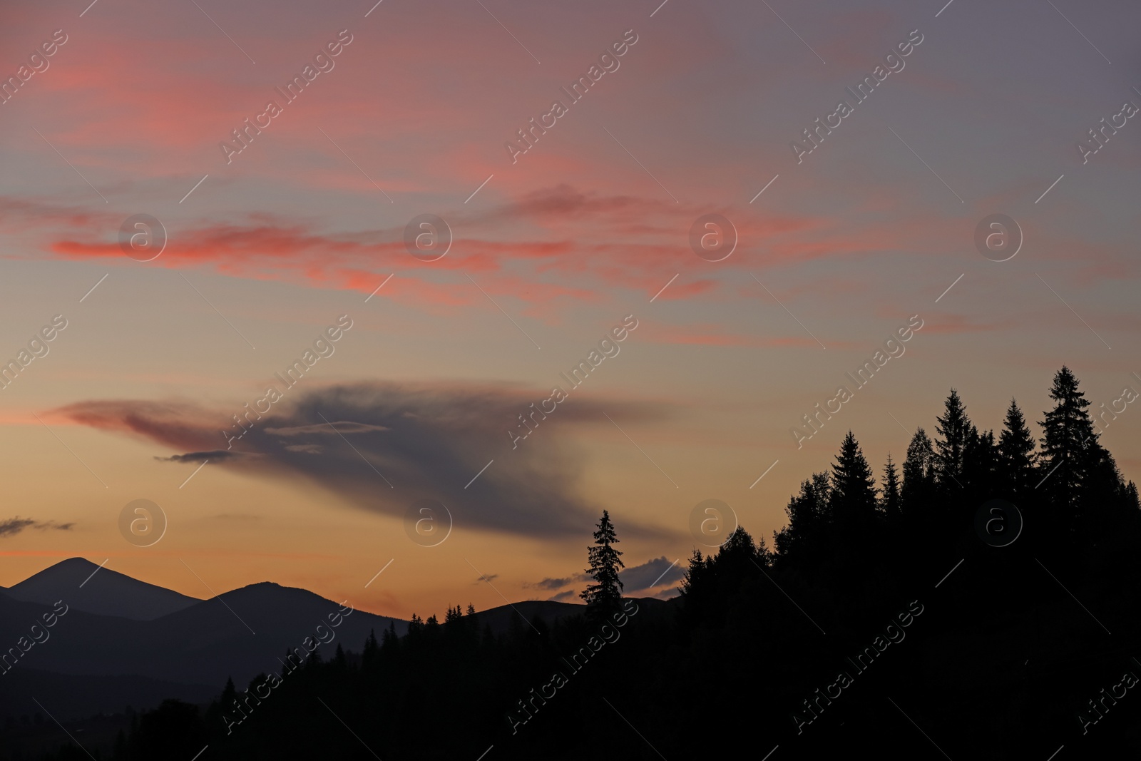 Photo of Beautiful cloudy sky over mountains with forest in twilight