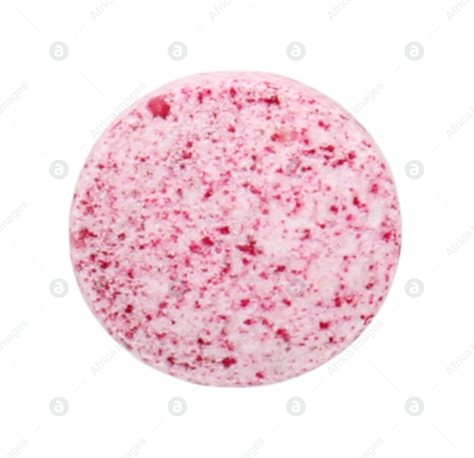Photo of One pink vitamin pill isolated on white, top view