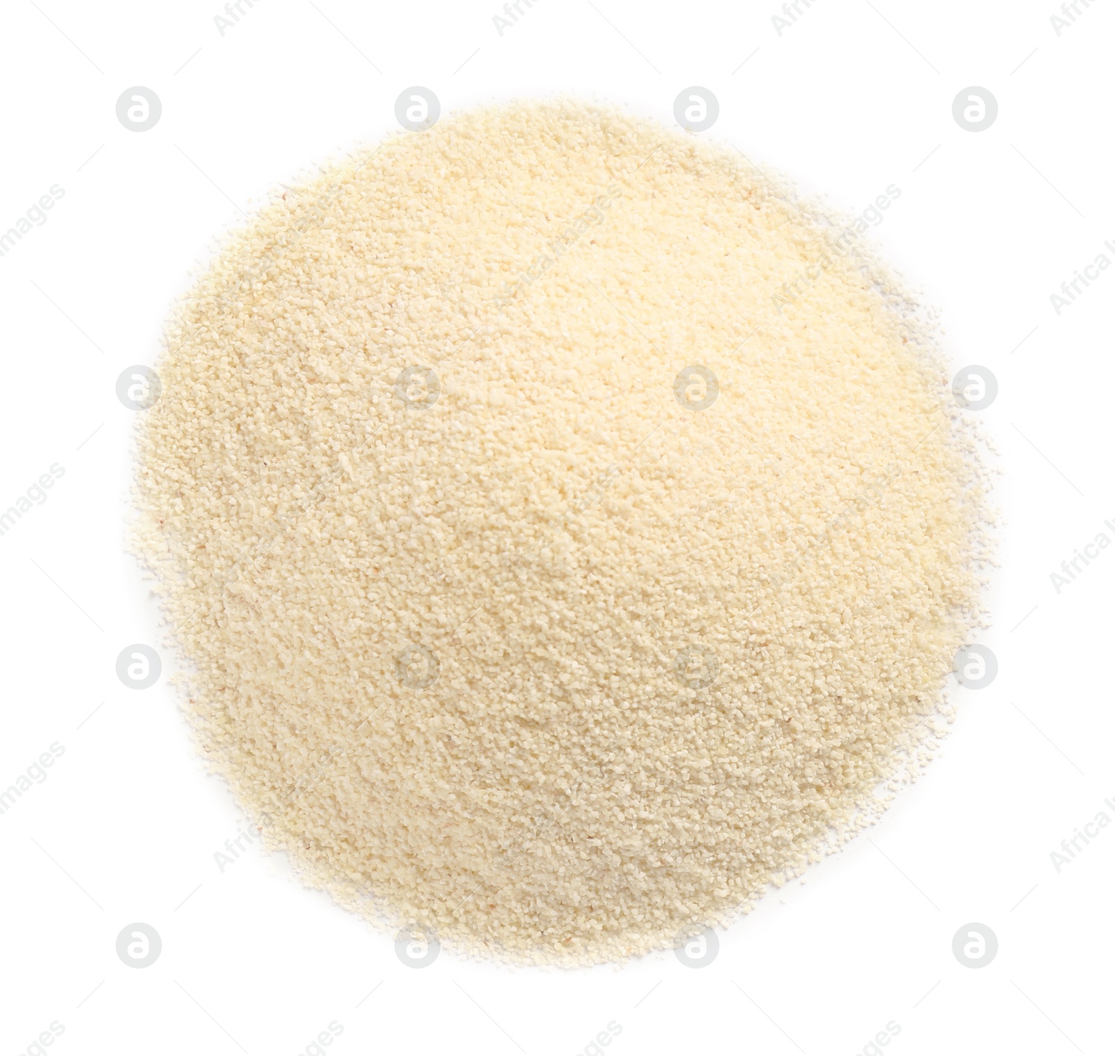 Photo of Pile of uncooked organic semolina isolated on white, top view