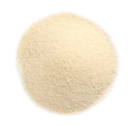 Photo of Pile of uncooked organic semolina isolated on white, top view