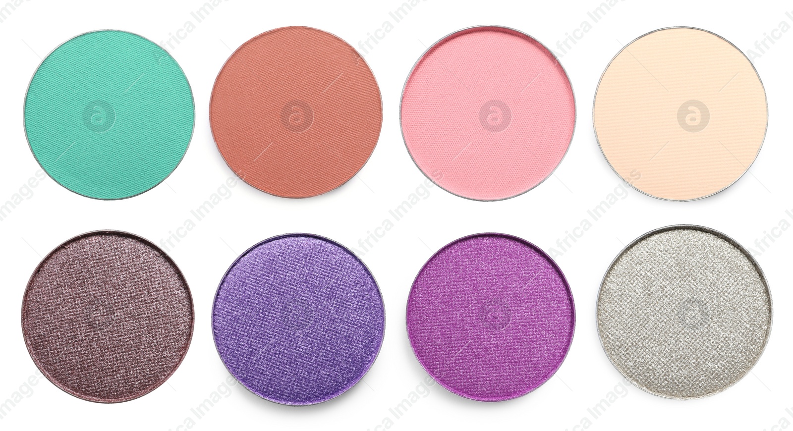 Image of Set of beautiful different eye shadow refill pans on white background