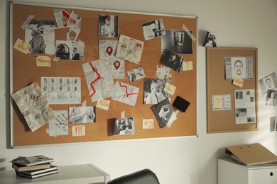 Photo of Detective office interior with evidence cork board