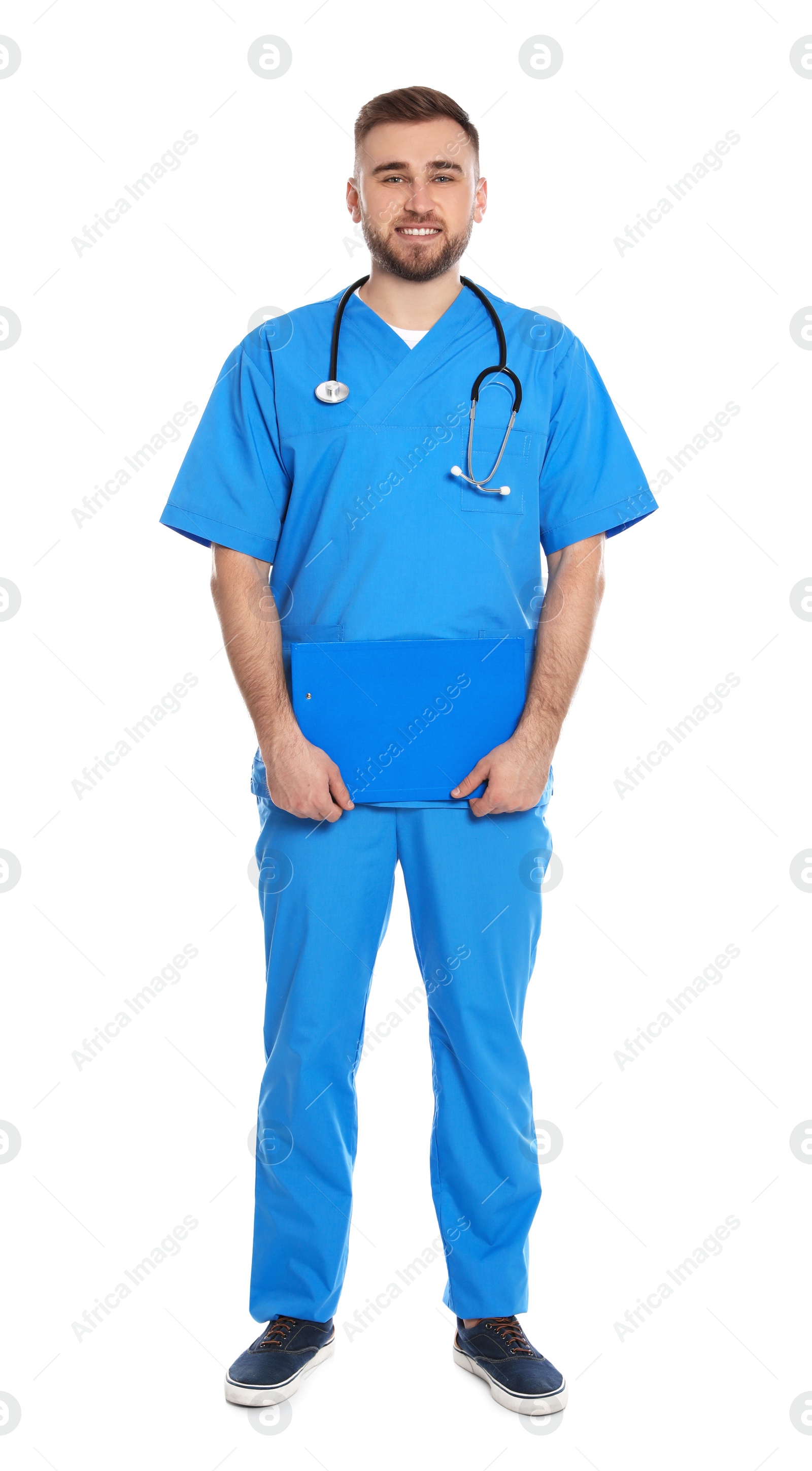 Photo of Full length portrait of medical doctor with clipboard and stethoscope isolated on white