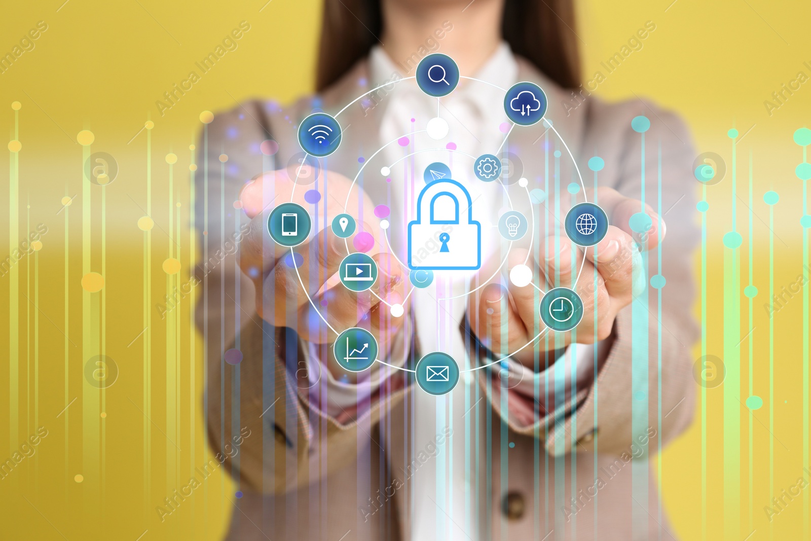 Image of Home security concept. Woman demonstrating digital lock on yellow background, closeup