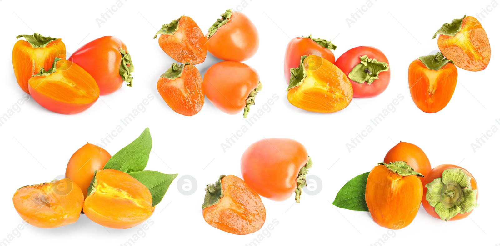 Image of Set with sweet ripe persimmons on white background. Banner design