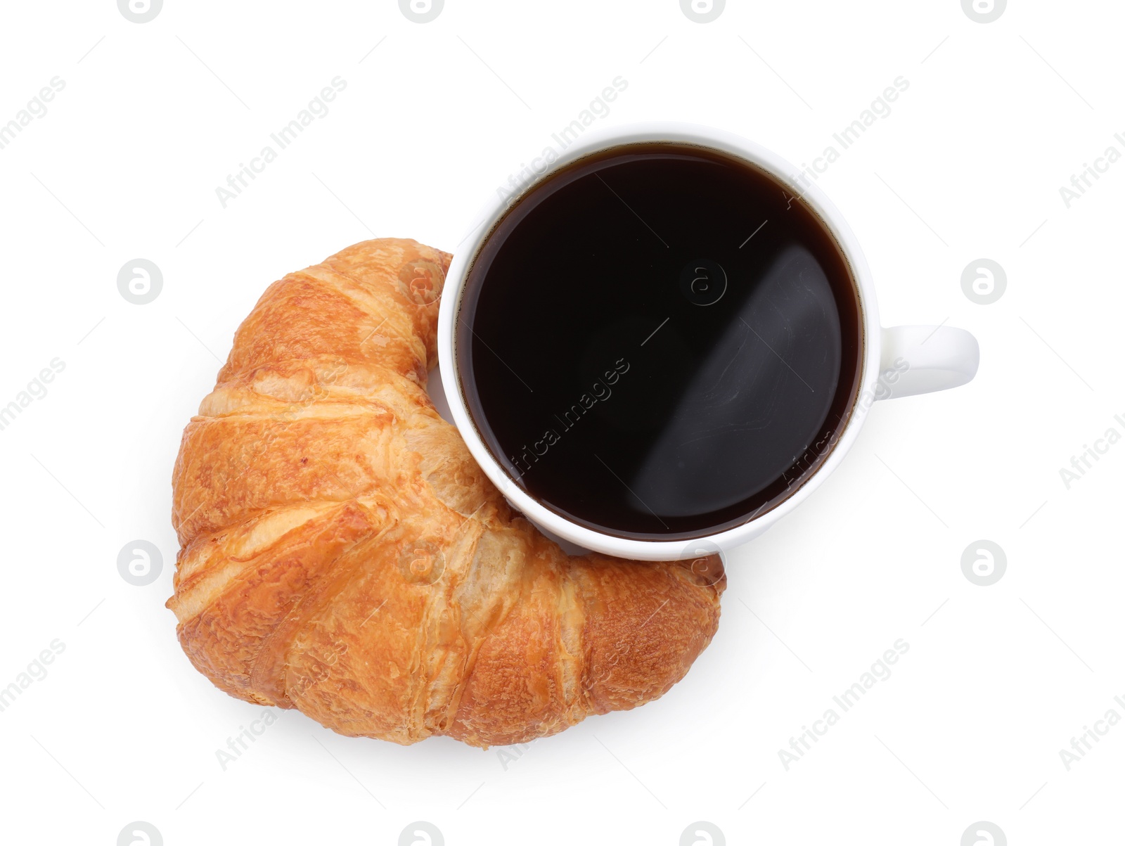 Photo of Fresh croissant and coffee isolated on white, top view. Tasty breakfast