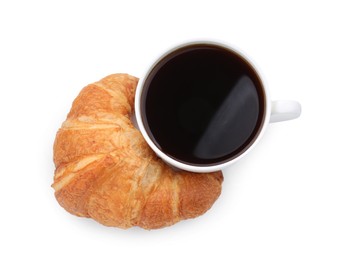 Photo of Fresh croissant and coffee isolated on white, top view. Tasty breakfast