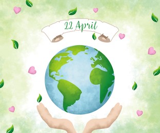 Illustration of Happy Earth day. Human holding hands under planet on color background with leaves and hearts, illustration