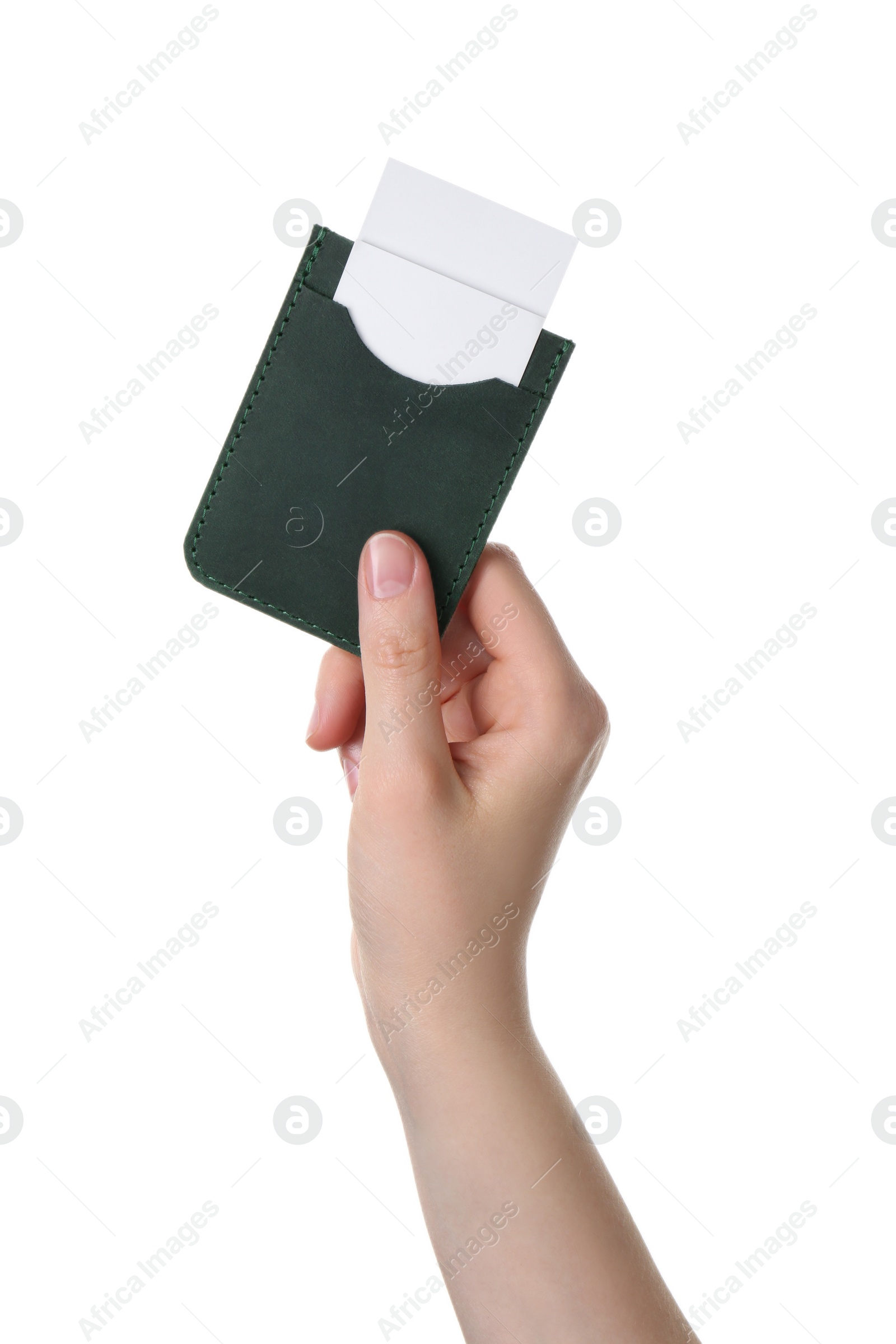 Photo of Woman holding leather business card holder with cards on white background, closeup