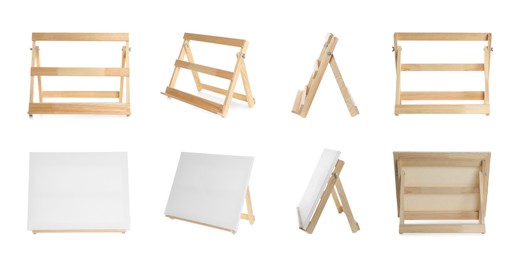 Image of Set with wooden easels on white background. Banner design