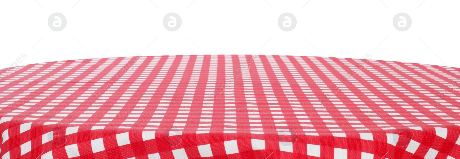 Photo of Table with checkered tablecloth isolated on white