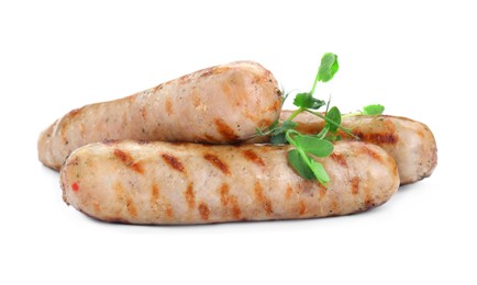 Photo of Tasty fresh grilled sausages with microgreens isolated on white