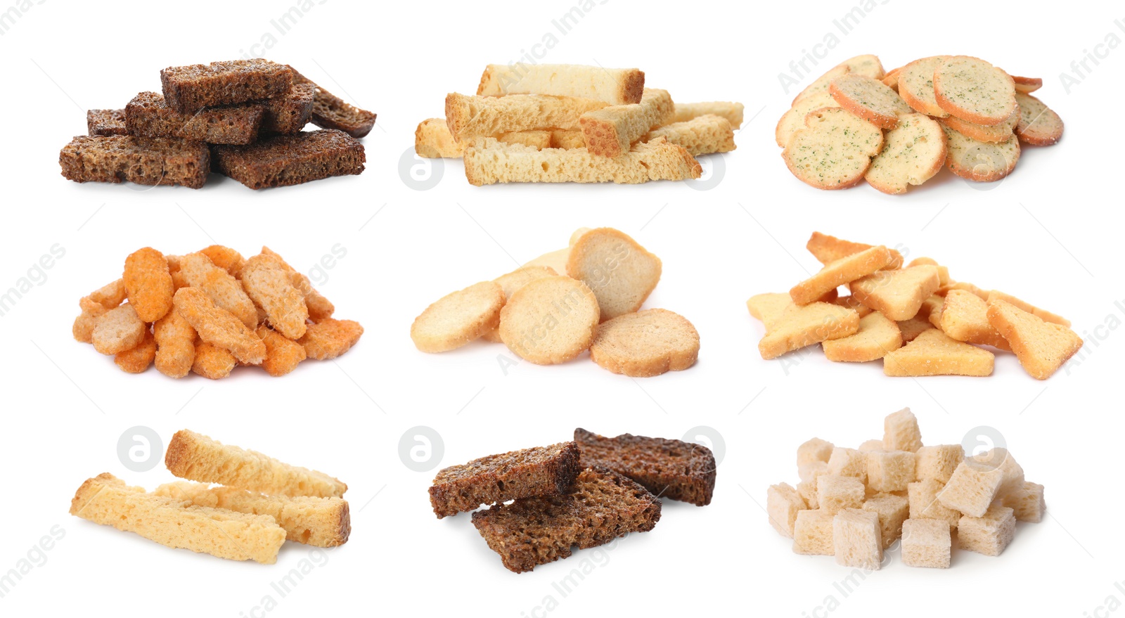 Image of Set with different delicious crispy rusks on white background