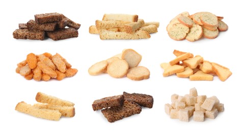 Image of Set with different delicious crispy rusks on white background