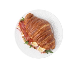 Photo of Tasty croissant with brie cheese, ham and bacon isolated on white, top view