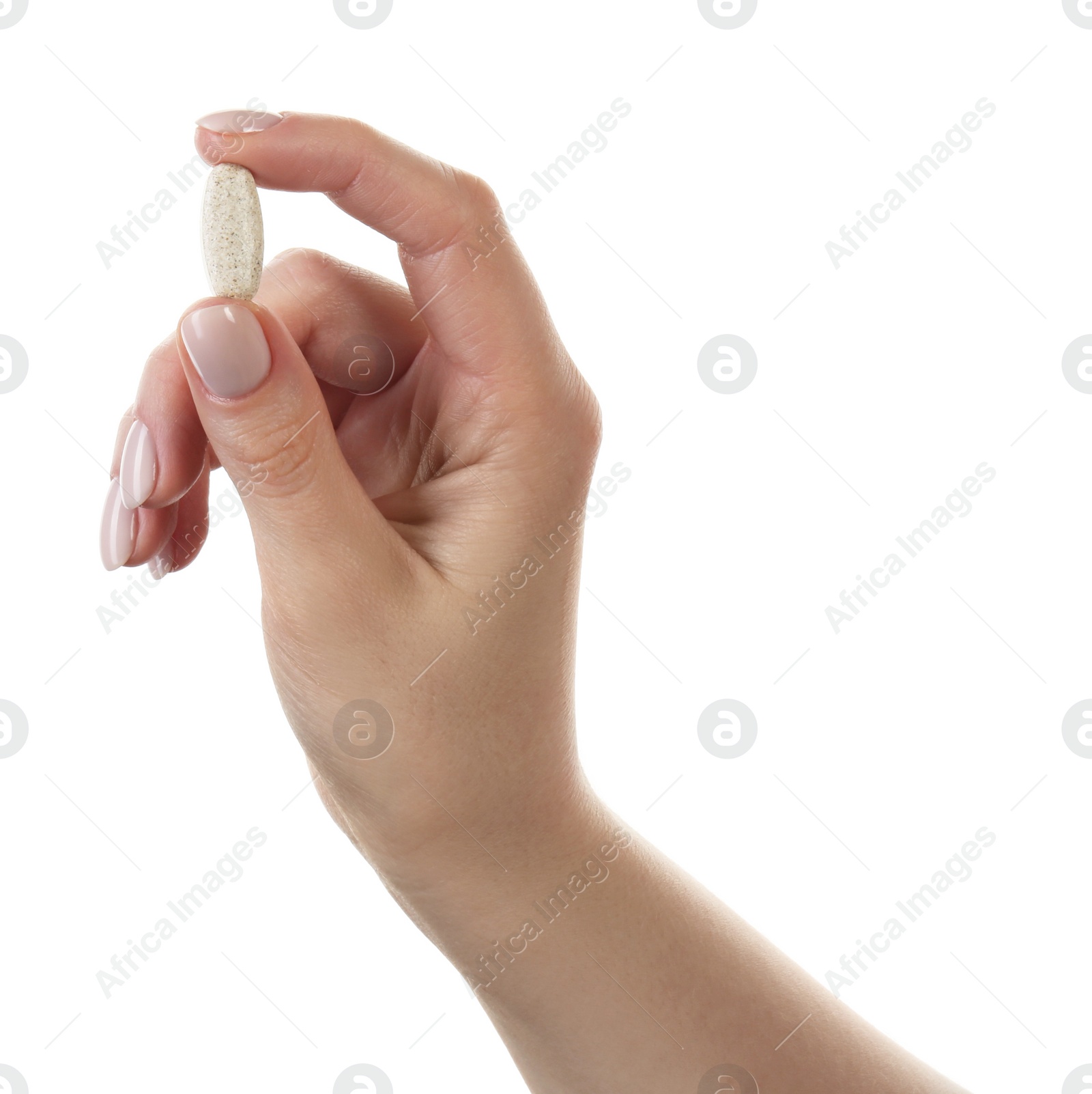 Photo of Woman holding vitamin pill on white background, closeup. Health supplement