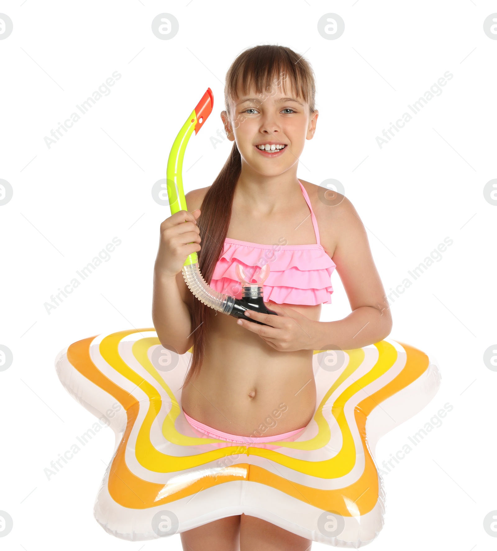 Photo of Cute little girl with bright inflatable ring on white background