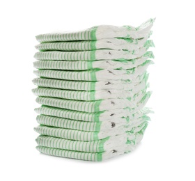 Stack of disposable diapers on white background. Baby accessories