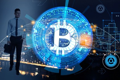 Image of Multiple exposure of bitcoin, businessman, chart and night cityscape