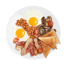Plate with fried eggs, mushrooms, beans, tomatoes, bacon and toasts isolated on white, top view. Traditional English breakfast