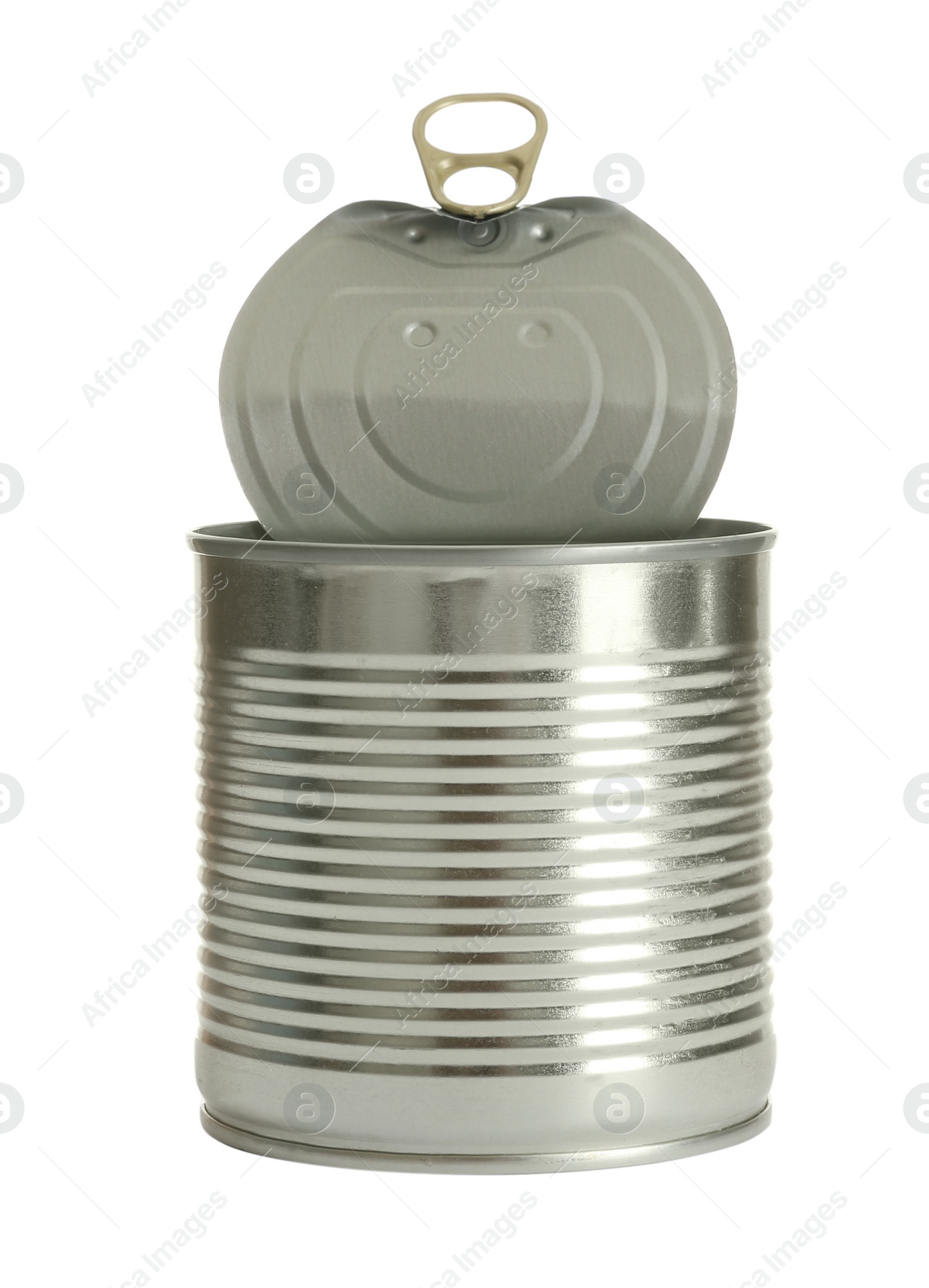 Photo of Open tin can isolated on white, mockup for design