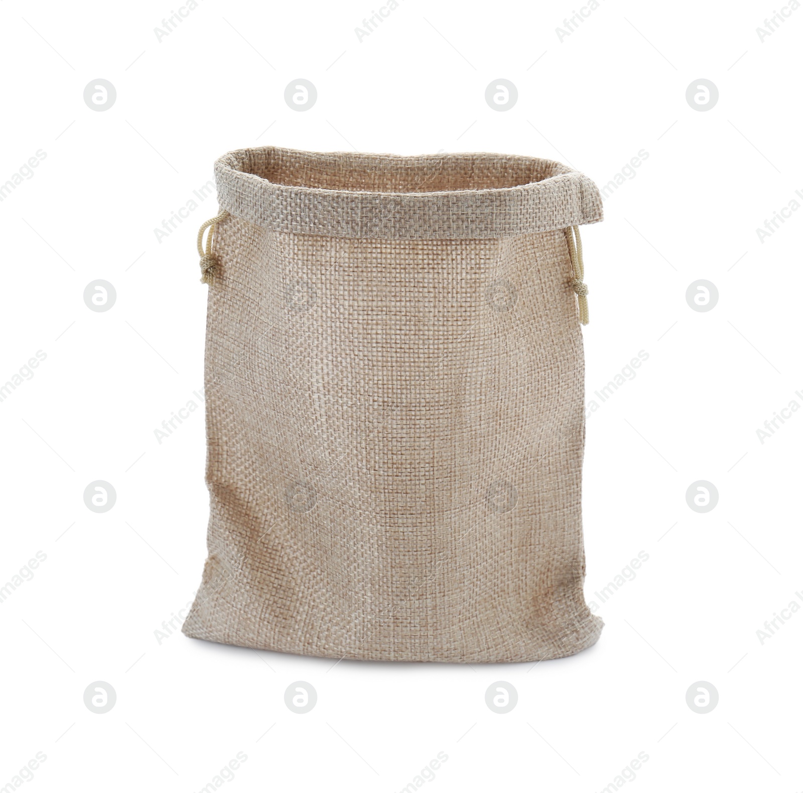 Photo of One open burlap bag isolated on white