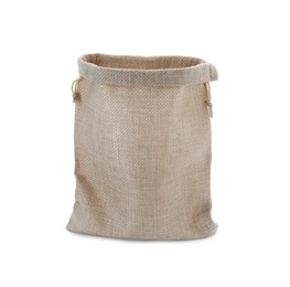 Photo of One open burlap bag isolated on white