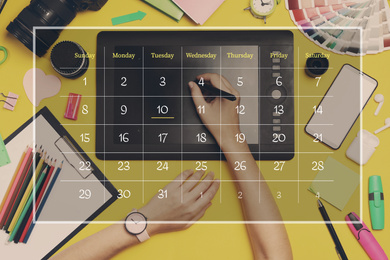 Image of Double exposure of calendar and professional designer working at yellow table. Personal schedule