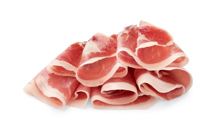 Slices of delicious jamon on white background