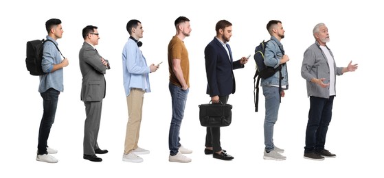 Men waiting in queue on white background