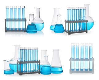 Image of Different laboratory glassware with light blue samples on white background, collage