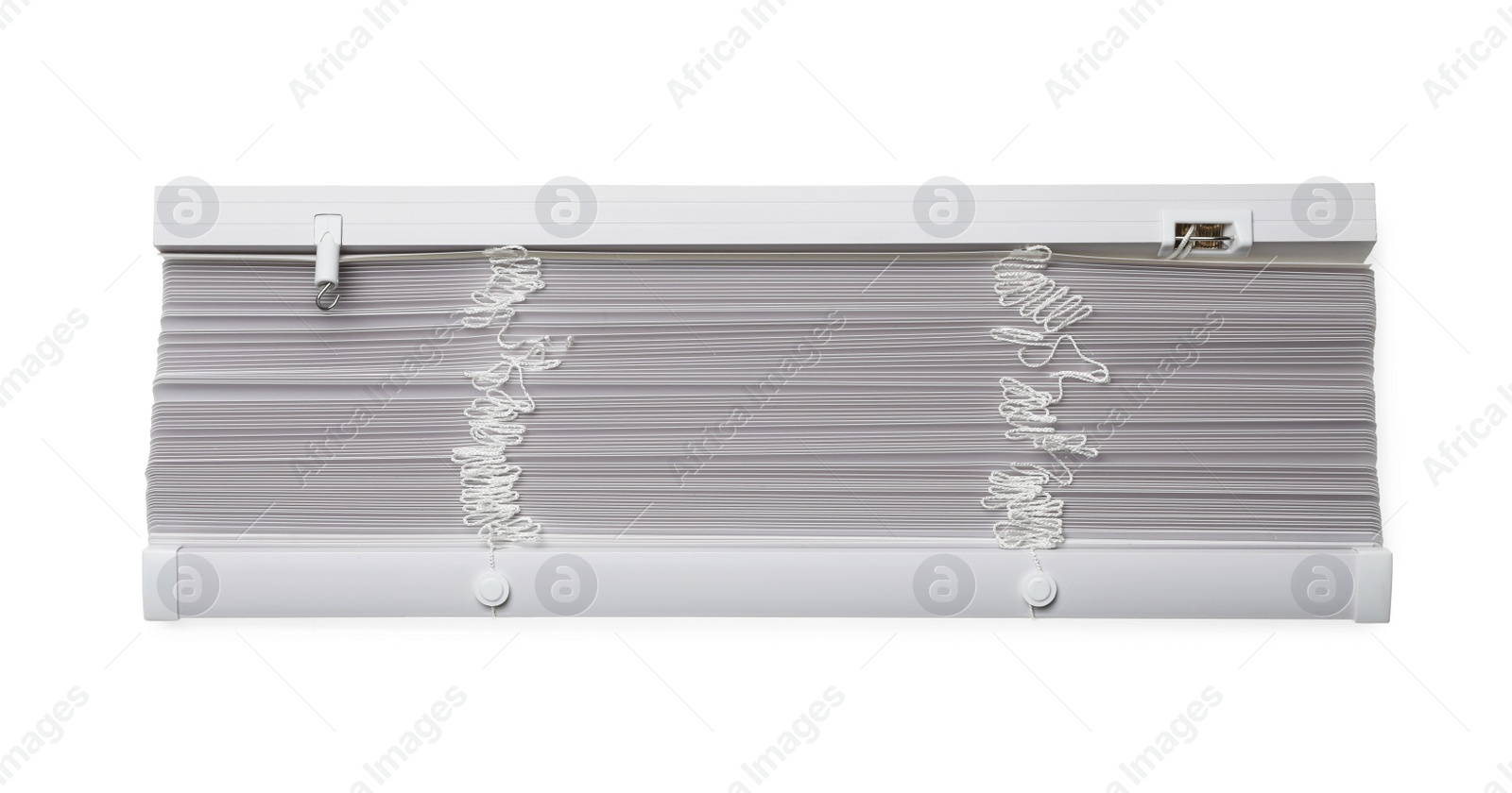 Photo of Stylish horizontal window blinds on white background, top view