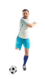 Photo of Young man playing football on white background