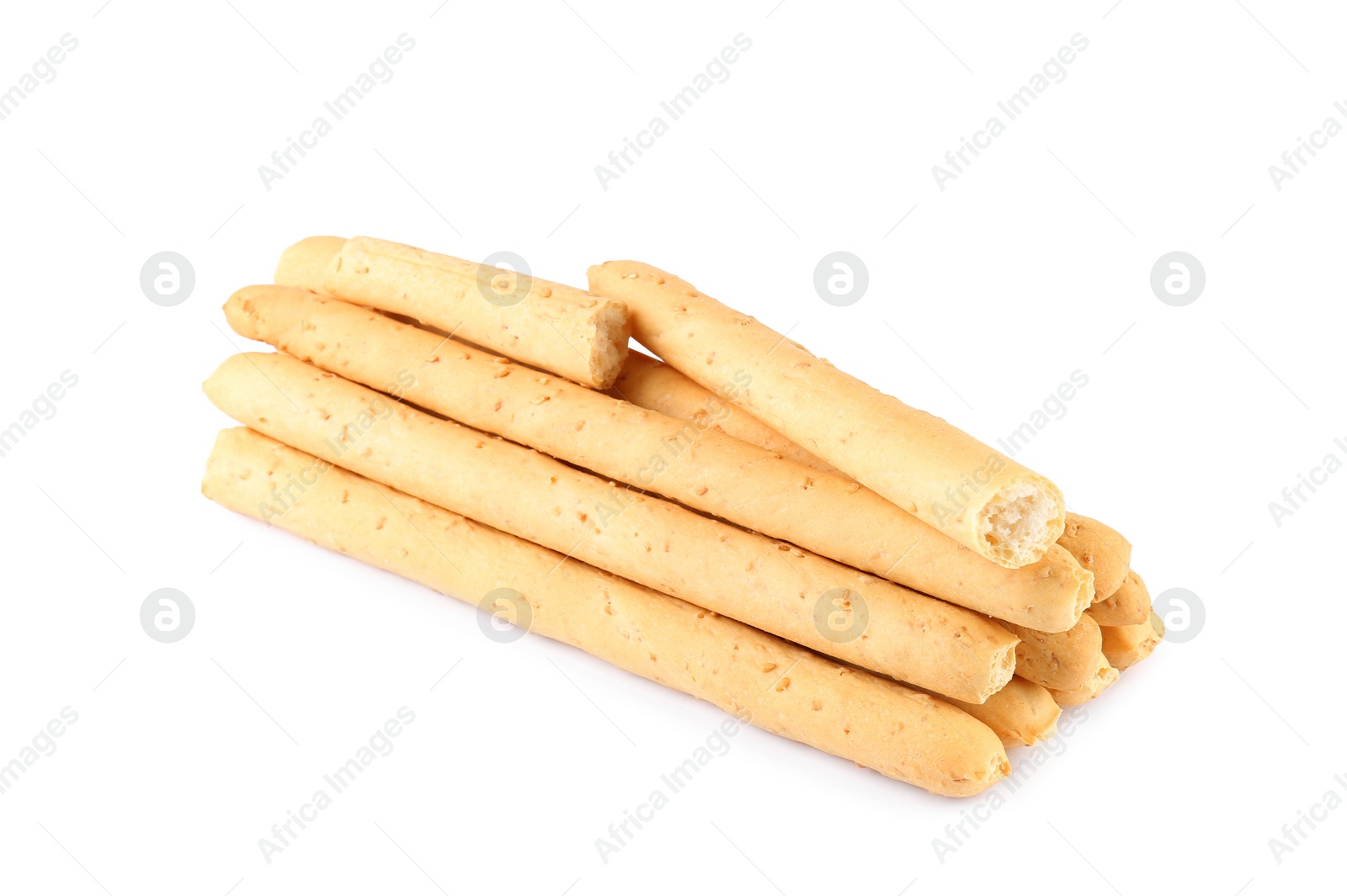 Photo of Delicious grissini isolated on white. Crusty breadsticks