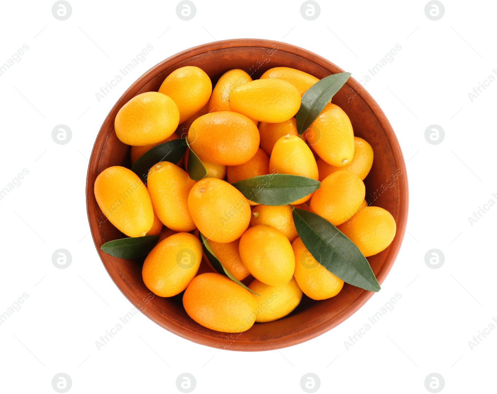 Photo of Fresh ripe kumquats with leaves in bowl on white background, top view. Exotic fruit