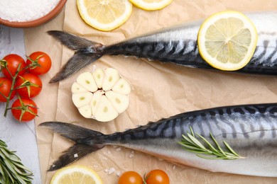 Photo of Flat lay composition with tasty raw mackerel on white textured table