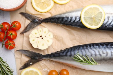 Flat lay composition with tasty raw mackerel on white textured table