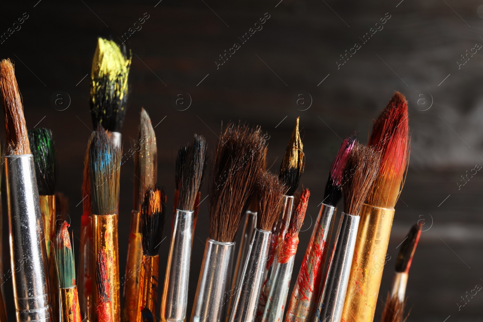 Photo of Different paint brushes on dark background, closeup