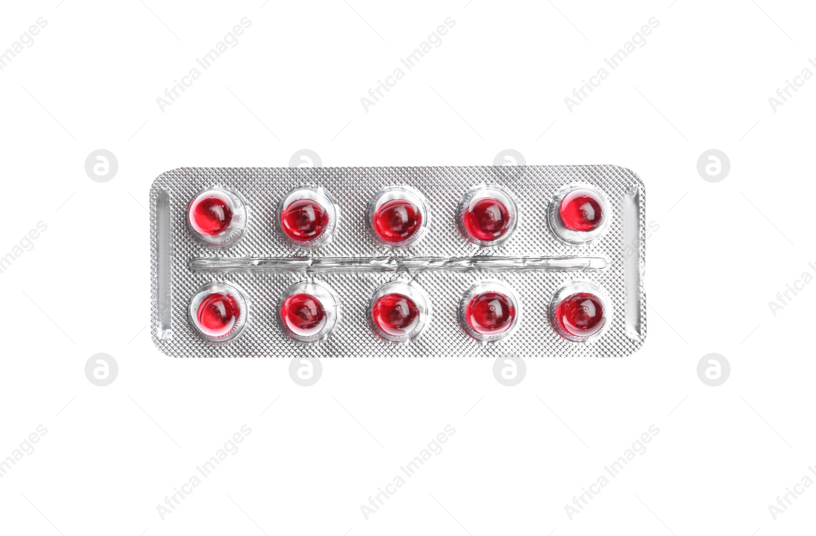 Photo of Pills in blister pack on white background, top view