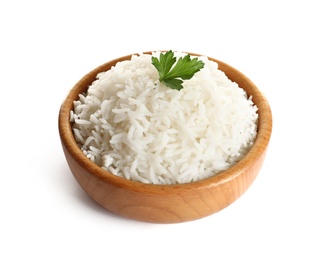 Bowl of tasty cooked rice with parsley on white background