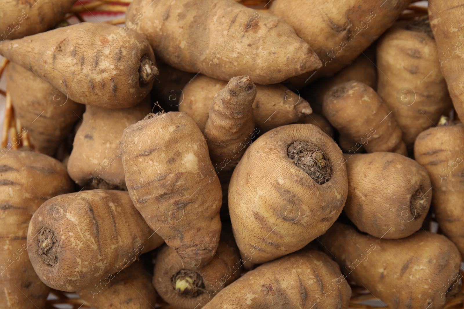 Photo of Tubers of turnip rooted chervil as background, top view