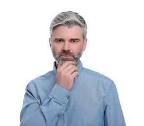 Photo of Mature businessman in stylish clothes posing on white background