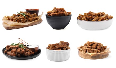 Image of Collage with tasty rye croutons on white background