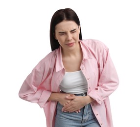 Photo of Woman suffering from appendicitis inflammation on white background
